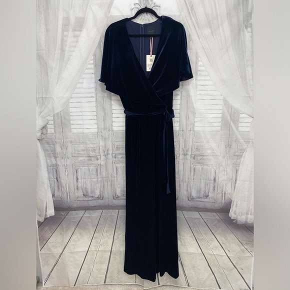 Alex Marie Size 16 Capelet Cape Navy Blue Velvet V-Neck Jumpsuit Wide Leg Formal - Picture 3 of 11
